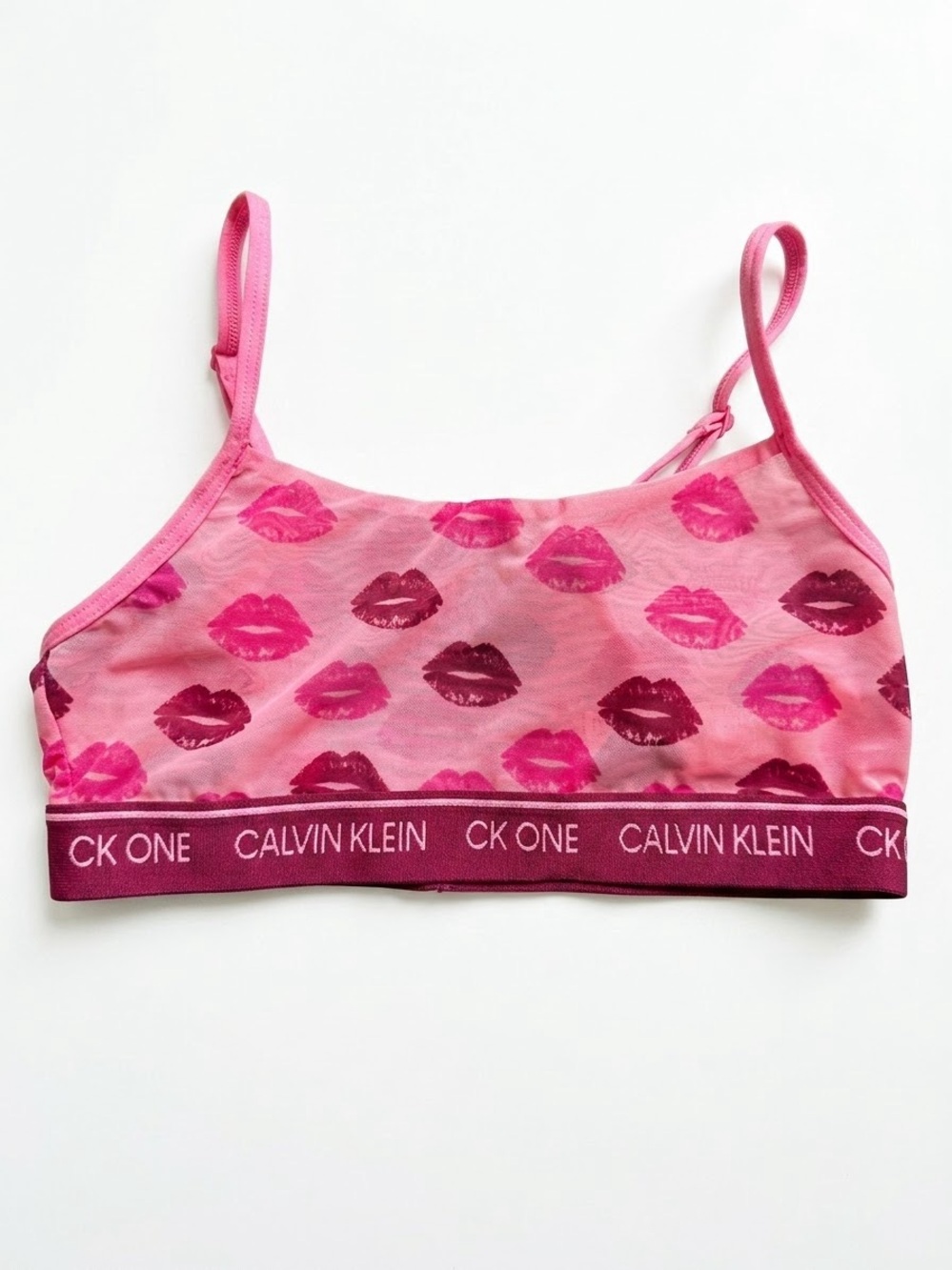 Calvin Klein Pink Lip-Print Crop Bralette XS